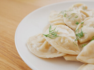 Vegan gyoza dumplings garnished with fresh dill on white plate