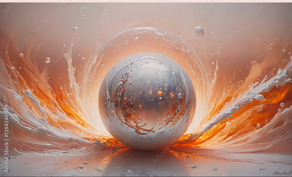 Poster a silver ball is surrounded by orange and white swirls. the ball is the center of the image and the 