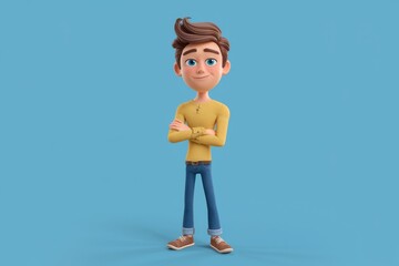 Fototapeta premium A happy cartoon boy with arms crossed, wearing a mustard yellow shirt and blue jeans, standing against a light blue background.