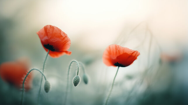 Gentle red poppies swaying softly in a calm, dreamy setting.