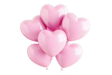 A cluster of shiny pink heart-shaped balloons floating against white transparent background, symbolizing love and celebration of Valentine Day