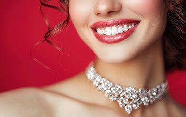 A glamorous close-up of a woman showcasing intricate silver jewelry, her smile dazzling against a pastel red background blur for valentines day