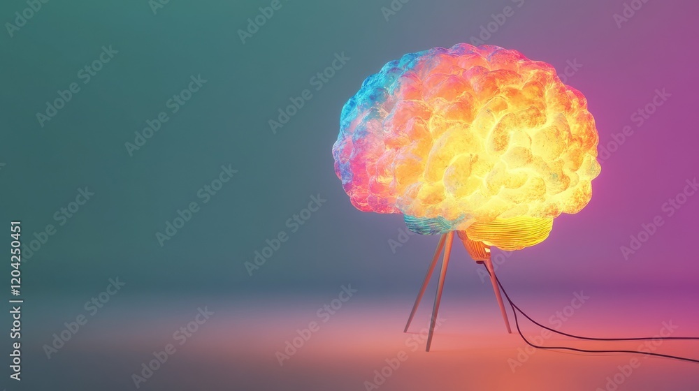 Poster creative hand drawn colorful splatter paint brain lamp on subtle background. idea and brainstorm con