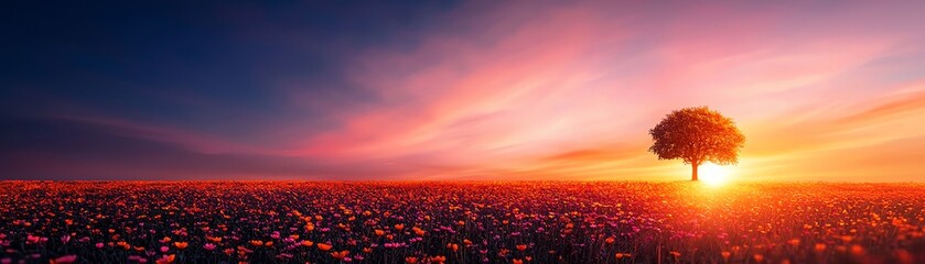 A breathtaking sunset landscape featuring a lone tree silhouetted against a colorful sky. Perfect for conveying tranquility, beauty, and the wonders of nature.