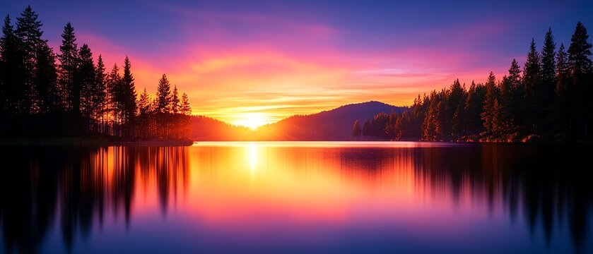 A breathtaking sunset over a serene lake, surrounded by majestic trees and mountains. The vibrant colors reflect beautifully on the water, creating a tranquil and peaceful scene.