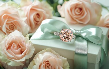Obraz premium A luxurious gift box wrapped in pastel green satin ribbon, surrounded by light pink roses and a sparkling diamond ring for Valentines Day and 8 March