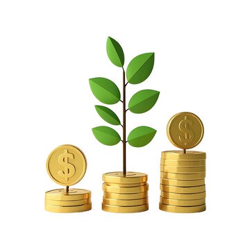 Money Tree Growth Investment and Financial Success, 3d Doller coins hold tree