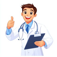 Fototapeta premium A cheerful male doctor in a white coat giving a thumbs-up, holding a clipboard. His friendly demeanor promotes a sense of trust and professionalism in healthcare.