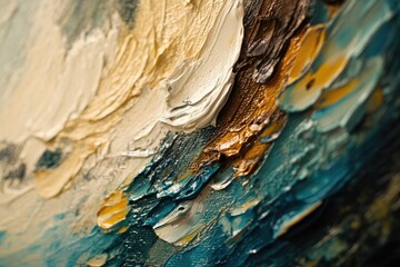 Abstract oil painting texture with thick, visible brushstrokes in teal, gold, and beige.