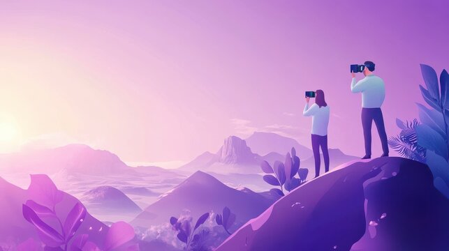 Business people on virtual reality tour 360 watching beautiful landscape and a camera. Virtual tour, 3d reality tours, virtual reality walk concept. Website vibrant violet landing web page template.