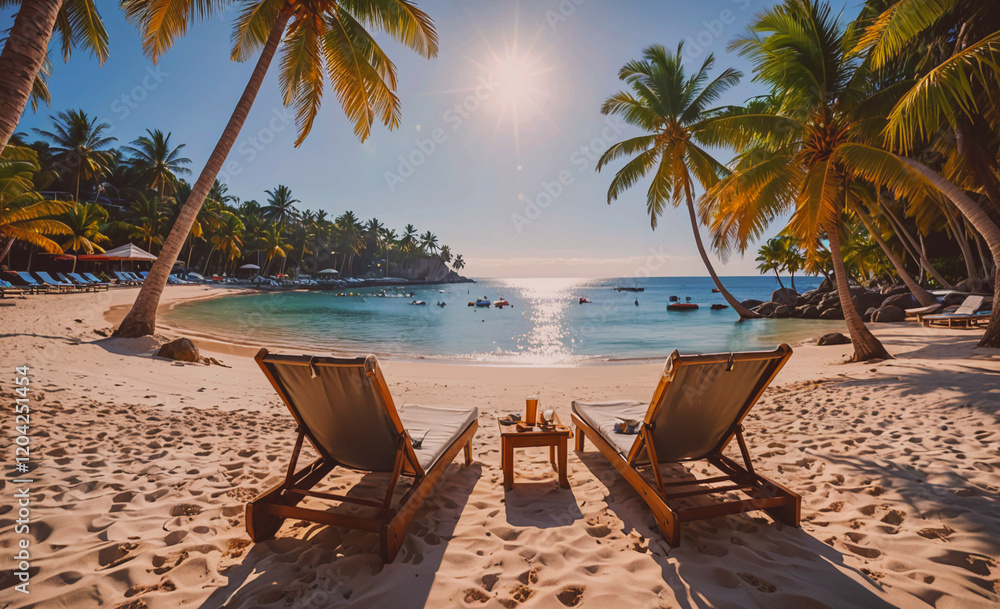 Aufkleber two beach chairs are set up on the sand, facing the ocean. the chairs are empty, and there is a tabl