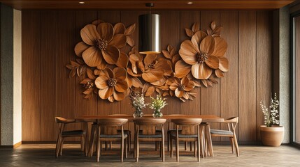 Floral wood wall art over dining room table, window view. Use Decor