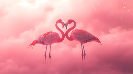 Obraz premium Two flamingo silhouettes forming a heart with their necks