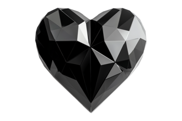 Geometric black heart with gold accents, angular patterns and smooth finish isolated on white transparent background. Concept of modern design and love