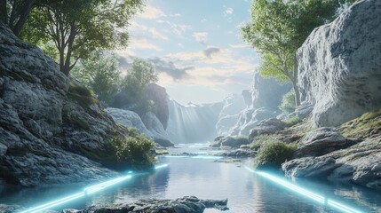 Floating 3D Search Bar Illuminating Digital Landscape Pathways Symbolizing Guidance and Discovery