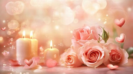 Romantic setting with soft pink roses, flickering candles, and heart decorations for a special occasion. Generative AI