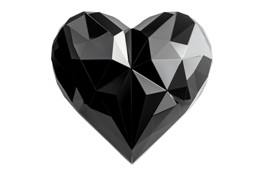 Geometric black heart with gold accents, angular patterns and smooth finish isolated on white transparent background. Concept of modern design and love
