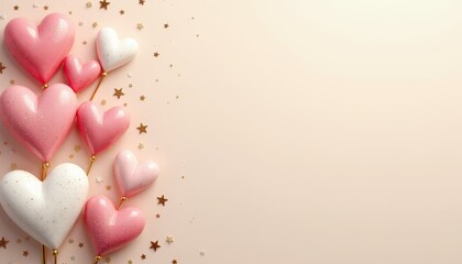 Fototapeta premium Festive Valentine's Day Scene: Pink & White Heart Balloons Against Beige Background with Golden Stars
