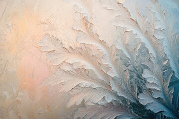 Intricate frost patterns on a windowpane, showcasing delicate, icy formations in pastel hues.