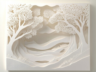 An intricate layered paper art representation of a serene landscape.