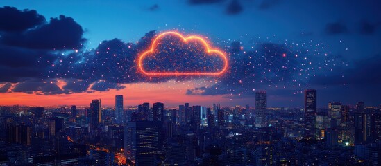 Illuminated cloud symbol over cityscape at sunset, representing cloud computing and digital network.