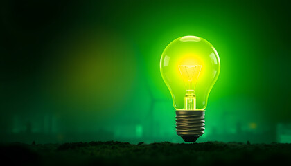 Green energy innovation light bulb with future industry of power generation icon graphic interface. Concept of sustainability development by alternative, digital art, with white tones