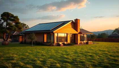 Obraz premium housing estate land, smart home using green energy has solar panel on roof, retro style, with white tones