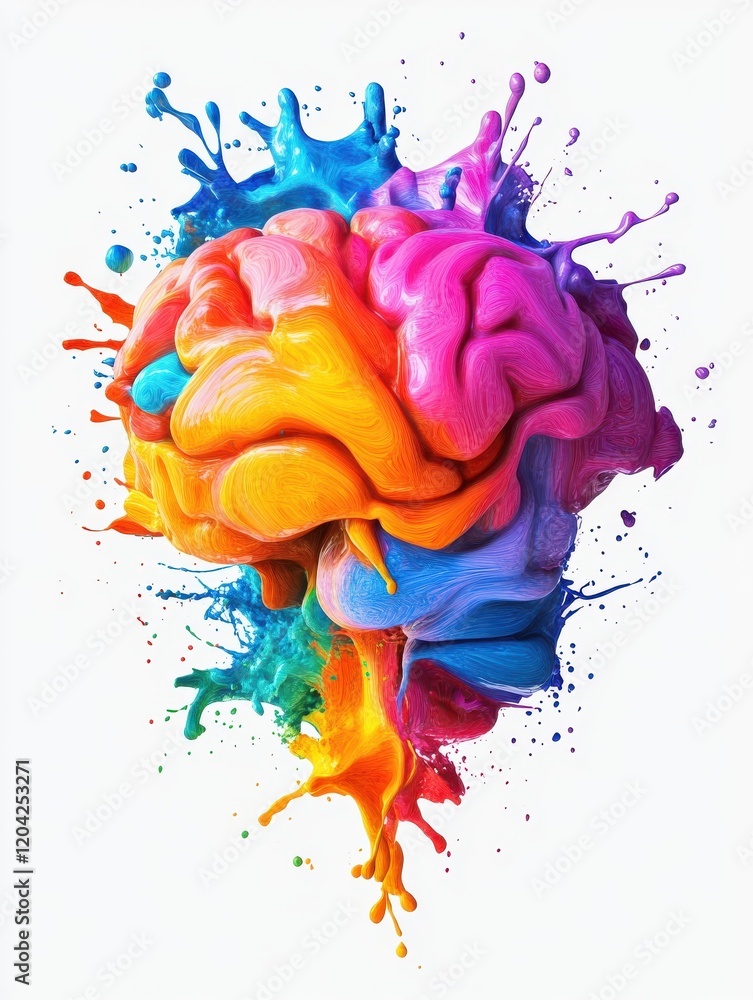 Poster creative colorful brain splash sketch on white background. brainstorm and intelligence concept. 3d r