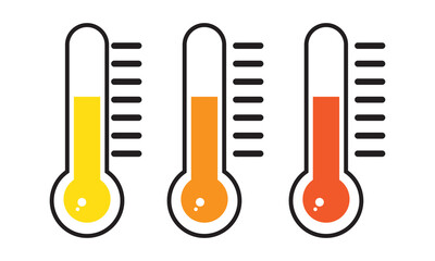 Temperature icon set. high and low temperature thermometer vector symbol. summer warm climate sign in black filled and outlined style.