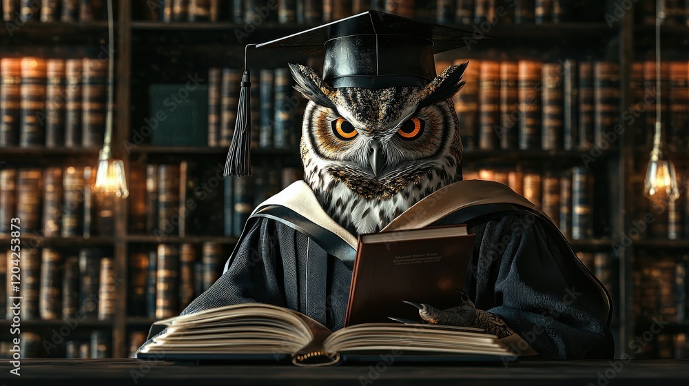 Poster Clever Owl in Graduation Attire with Book in a Library Setting