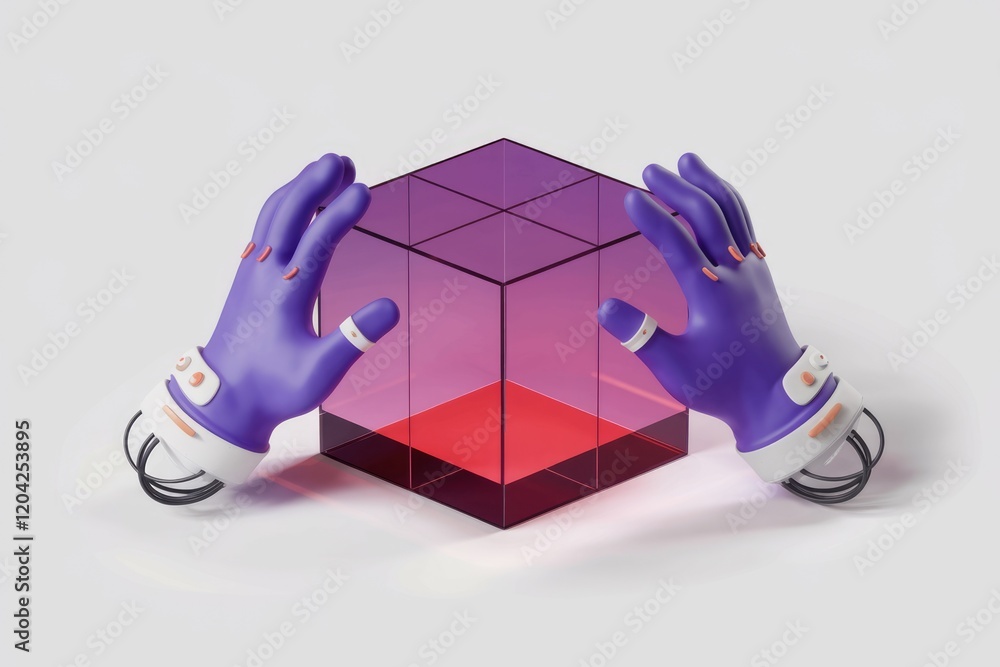 Poster Robotic hands gently hold a translucent purple cube with a red base, symbolizing innovation and technology.