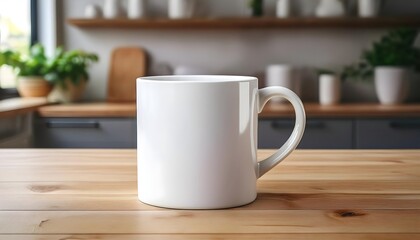 Fototapeta premium Plain blank white ceramic mug mockup standing on the wooden table