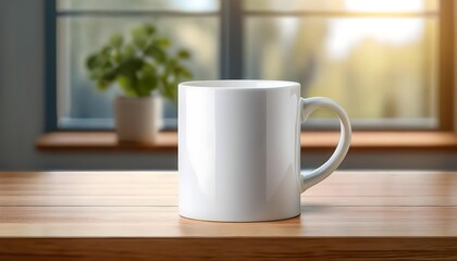 Obraz premium Plain blank white ceramic mug mockup standing on the wooden table