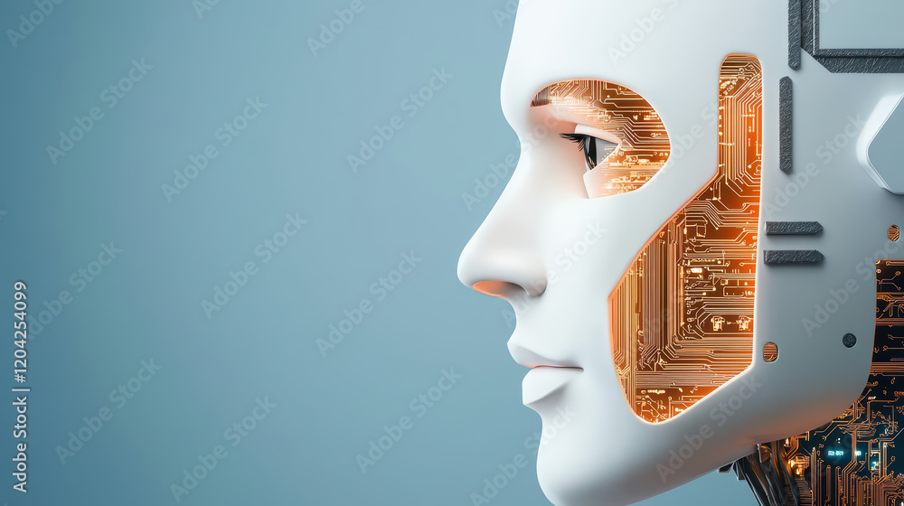 Poster futuristic robot head with circuit design and technology