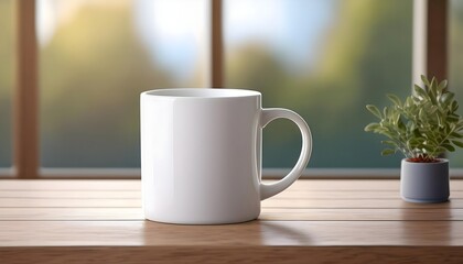 Obraz premium Plain blank white ceramic mug mockup standing on the wooden table