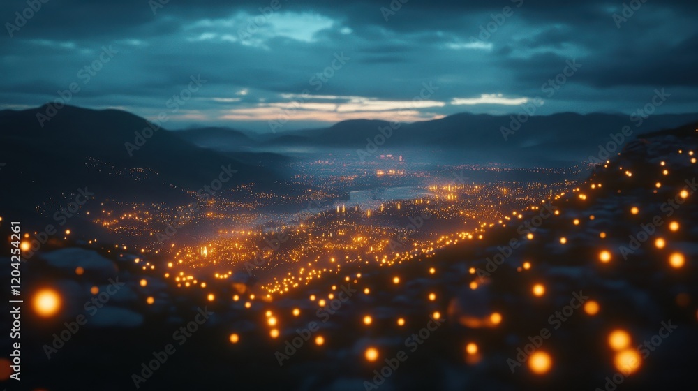 Poster glowing data points forming a complex network in a digital landscape