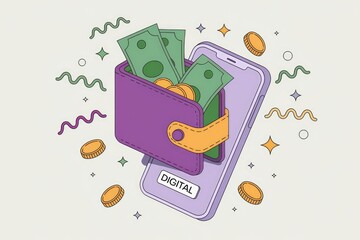 Digital wallet with cash and coins on a smartphone screen, symbolizing mobile payments and online finance.