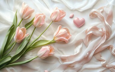 A minimalist pastel composition with soft pink tulips, heart shaped decorations, and delicate silk ribbons for Valentines Day and 8 March