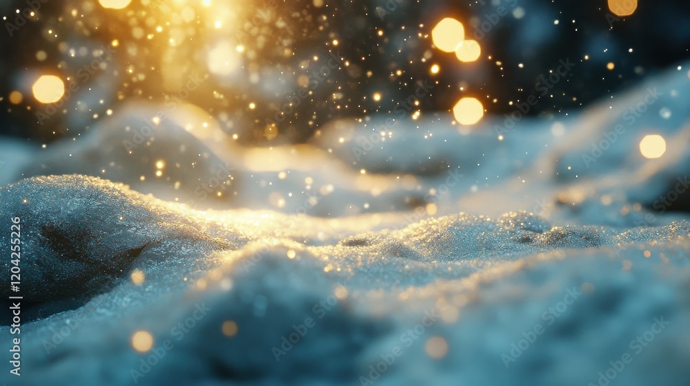 Poster soft, blurred background of white snow with bokeh lights and sparkling stars, creating an enchanting