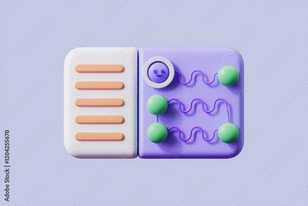 Poster A 3D render of a playful interface design with pastel colors, featuring a happy face and a wavy line connecting spheres.