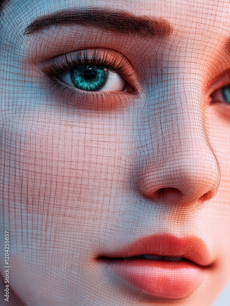 Poster a woman's face with a grid of grids applied on top of it. concept of cosmetic procedures. digital fa
