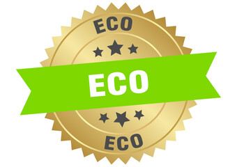 eco. eco round green and gold label isolated on transparent background