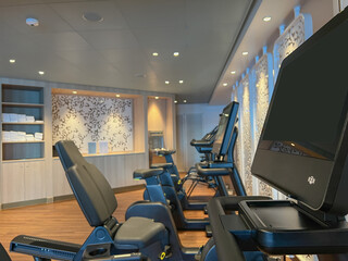 Naklejka premium Moderne Fitnessgeräte und Kraftmaschinen in Sportstudio auf Kreuzfahrtschiff - Modern cardio and weight equipment in fitness center gym onboard cruiseship cruise ship ocean liner