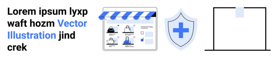 E-commerce website interface displaying shopping icons and descriptions with a striped awning. Security shield with a cross symbol. Ideal for online shopping, e-commerce, cybersecurity, website