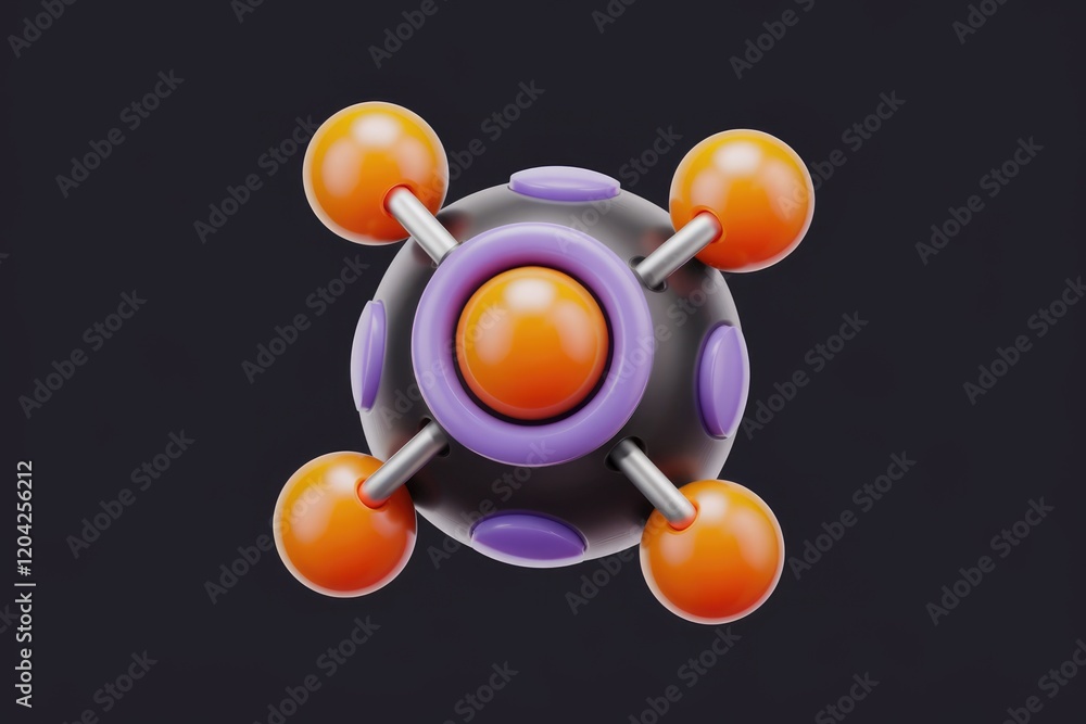 Poster abstract 3d model of a molecule or atom with vibrant orange and purple elements against a dark backg