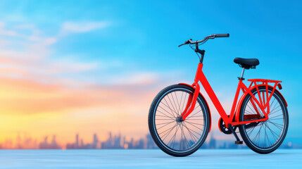 Fototapeta premium Bright red bicycle against colorful sunset skyline