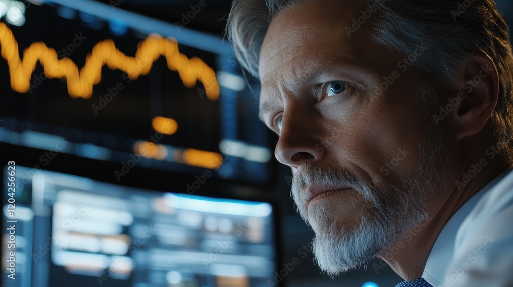Poster mature crypto trader investor analyst broker using pc computer analyzing digital cryptocurrency exch