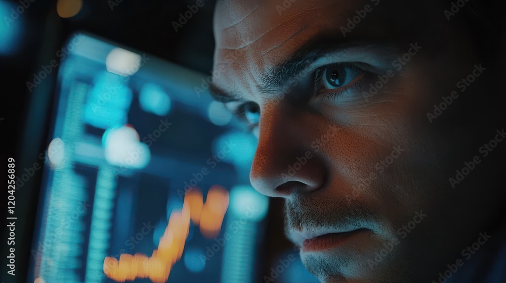 Aufkleber crypto trader investor analyst looking at computer screen analyzing financial graph data on pc monit