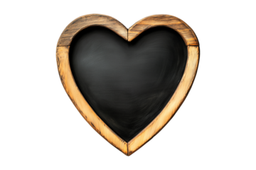 Heart-shaped wooden chalkboard with a rustic finish, isolated on a white transparent background, ideal for decoration or messages on Valentine Day