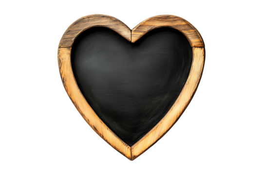 Heart-shaped wooden chalkboard with a rustic finish, isolated on a white transparent background, ideal for decoration or messages on Valentine Day